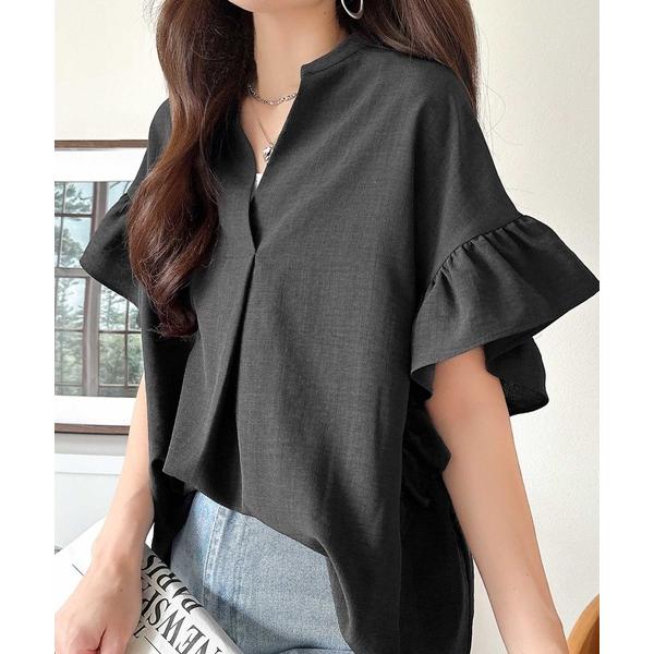 ブラウス シャツ フリルが添える、さりげない甘さ♪Vネックスキッパーフリルブラウス レディース