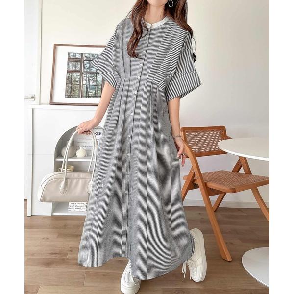 ワンピース 一枚でスタイル上向き、涼感映えサッカー素材。バンドカラーウエストタックサッカーワンピース