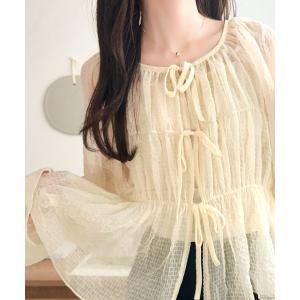 ブラウス シャツ 夏 「mily bilet」冷房対策にも♪1枚で2通り。透け感×チェックで、甘さをほどよく。前後2wayシアーチェックブラウス レディース