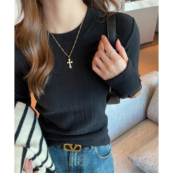 tシャツ リブラウンドネックカットソー レディース