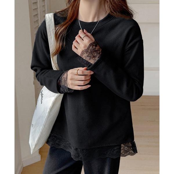 tシャツ 裾レースラウンドネックカットソー レディース