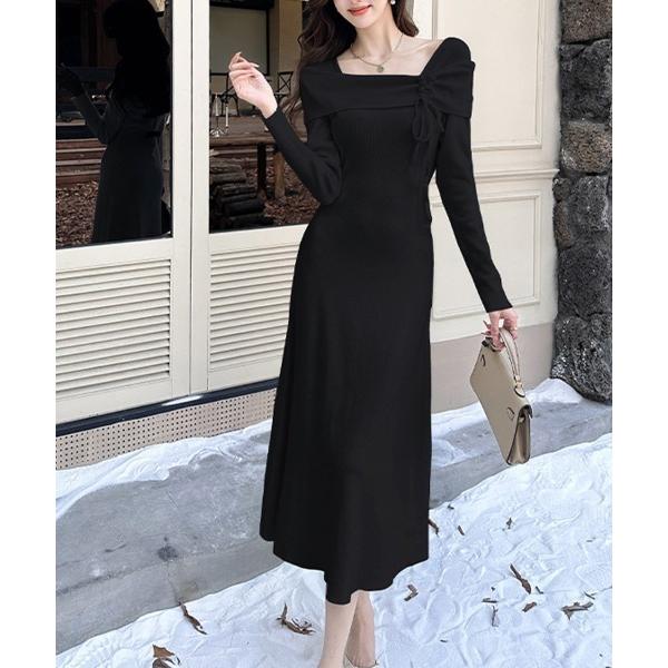 ワンピース 花モチーフ付きニットワンピース