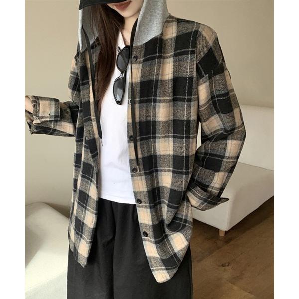 ブラウス シャツ フード付きチェック柄シャツ レディース