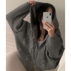 カーディガン ダブルジップケーブルフーディー レディース