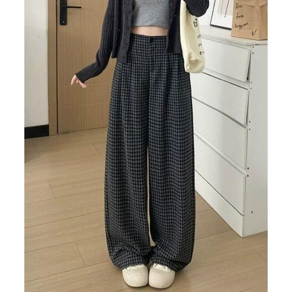 パンツ 楽ちんチェックフルレングスワイドパンツ レディース