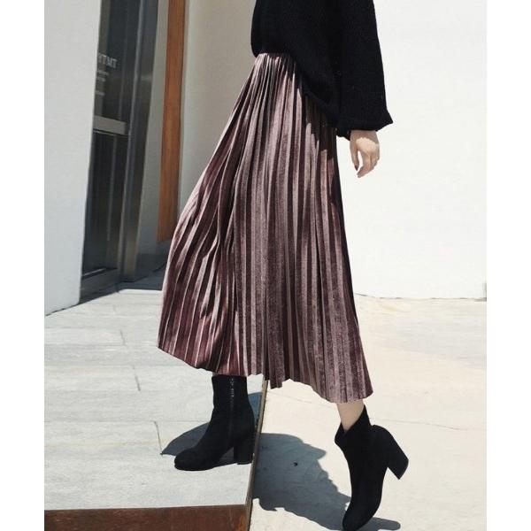 スカート サテンライクプリーツロングスカート　やわらかプリーツミモレスカート