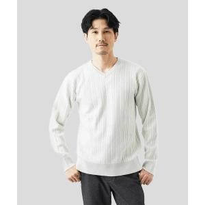 セーター ニット 「Vネック/洗濯機で洗える」ランダムタック ストライプニット メンズ