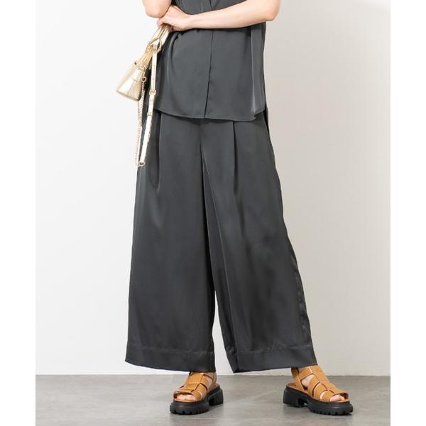 パンツ とろみサテンワイドパンツ｜ダブルサテン 美シルエット フレア レディース