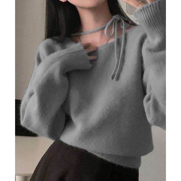 ニット セーター リボンタイオフショルダーニットトップス レディース