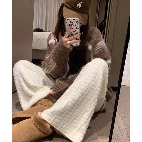 パンツ ハイウエストドローストリングニットワイドパンツ レディース