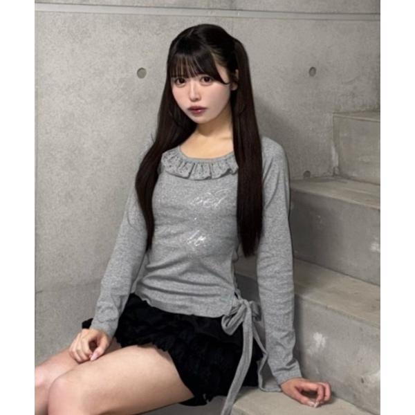 tシャツ ラインストーンフリルロングTシャツ レディース メンズ