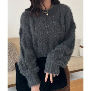 ニット セーター モールフェザー透かし柄編みニットトップス レディース