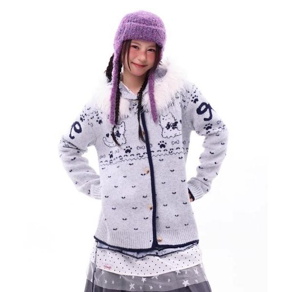 ニット セーター フェイクファーフート付き　ネコモチーフ　ノルディック柄ロングニットカーディガン レ...