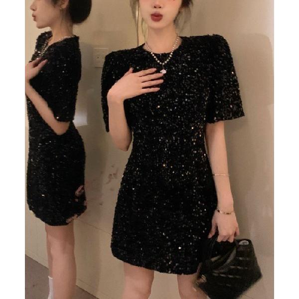 ドレス 光沢スパンコールミニドレス