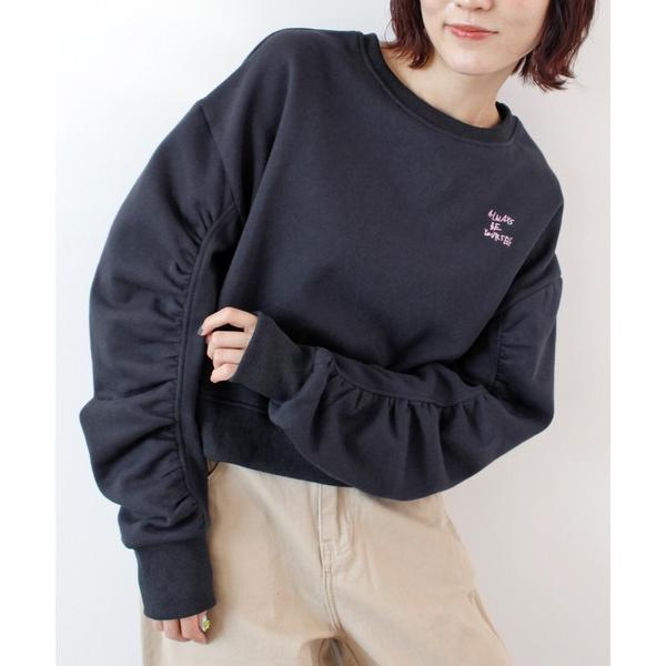 トレーナー スウェット 袖シャーリング裏起毛スウエット レディース