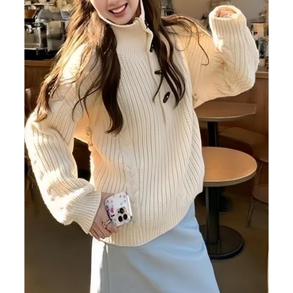 ニット セーター トグルボタン スタンドカラーケッブル編みニットトップス レディース