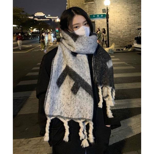 マフラー ストール モヘア ボリューム フリンジF柄マフラー レディース
