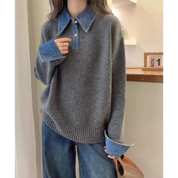 ニット セーター デニムシャツレイヤード風ニットトップス レディース
