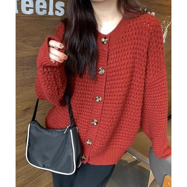 カーディガン ワッフル編みカーディガン レディース