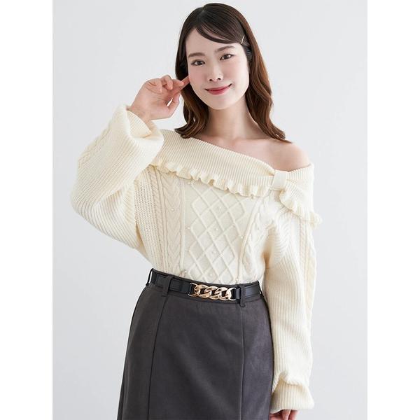 ニット セーター オフショルリボンケーブルプルオーバー レディース