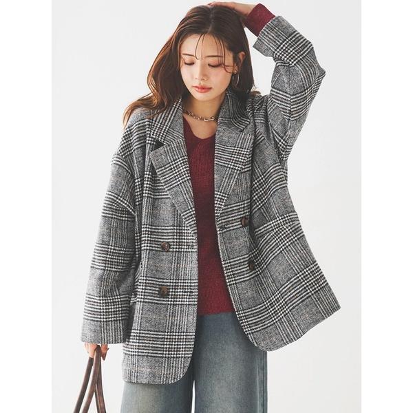 ジャケット テーラードジャケット ウール混グレンチェックテーラードコート レディース