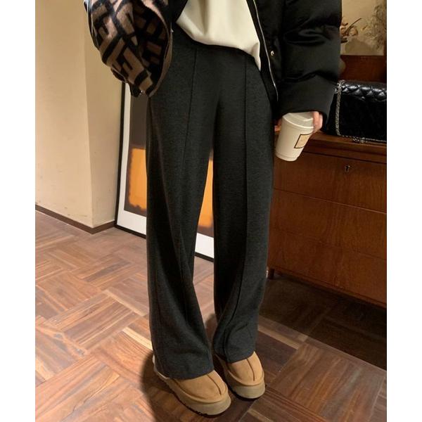 ワイドパンツ パンツ 裏起毛ピンタックヘリンボーンワイドパンツ レディース