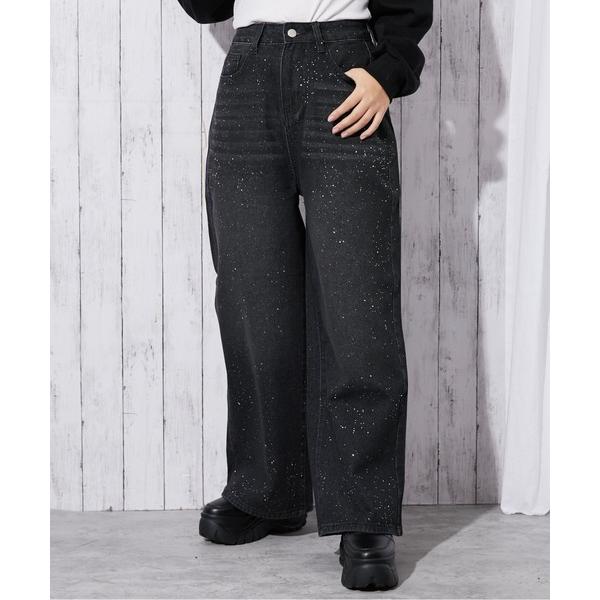 パンツ 「ラメ飛ばしデニム」レディース ストレートパンツ ノンストレッチ クール見え 秋冬 レディー...