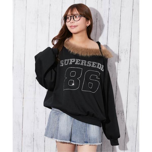 トレーナー スウェット 「ネックファー×ラインストーンロゴ」レディース 裏起毛 スウェット プルオー...