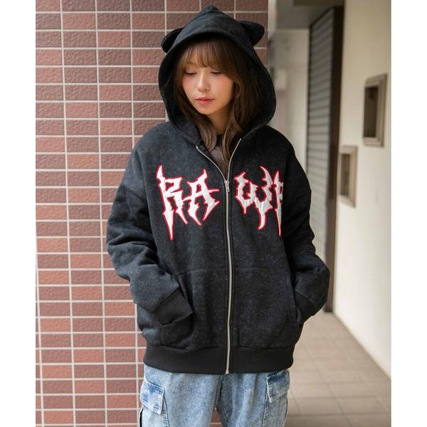 パーカー 「ねこみみフード×ロゴインパクト」レディース 裏起毛 ジップパーカー 体型カバー 秋冬 レ...