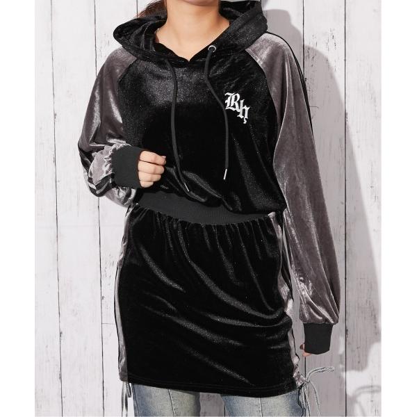 ワンピース 「ライン切替×スポカジ」レディース ベロア ミニワンピ フーディ 秋冬