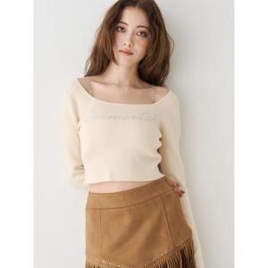 ニット セーター ラインストーンストラップロゴニットトップス レディース