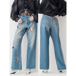 ジーンズ デニム デニムパンツ 「着用動画あり」ビジューハートカッティングワイドデニムパンツ　春服 レディース