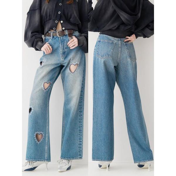ジーンズ デニム デニムパンツ 「着用動画あり」ビジューハートカッティングワイドデニムパンツ　春服 ...