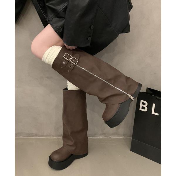 ブーツ ジップベルトカバーブーツ/ロングブーツ/韓国 レディース