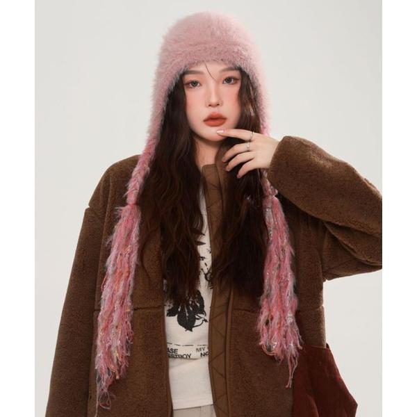 ニット帽 ニットキャップ モヘアニット フリンジイヤーキャップ ビーニー/MIXカラー ニット帽 冬...