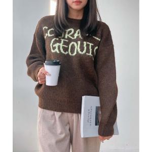 ニット セーターらくがき風ロゴ シャギージャガードゆるっとニットプルオーバー レディース メンズ