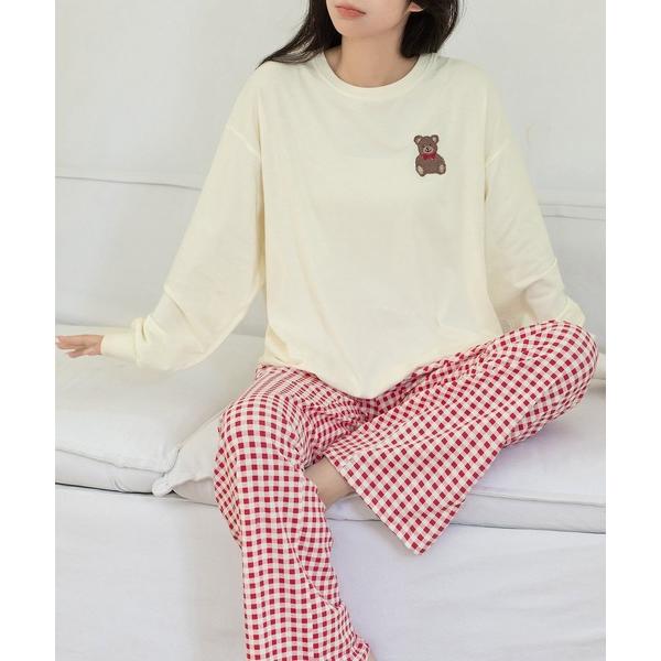 パジャマ ルームウェア 「セットアップ」長袖ワンポイントクマ刺繍トップス+ギンガムチェックロングパン...