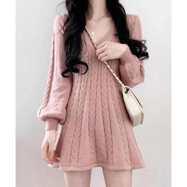 ワンピース ボリュームスリーブローゲージニットフレアワンピ