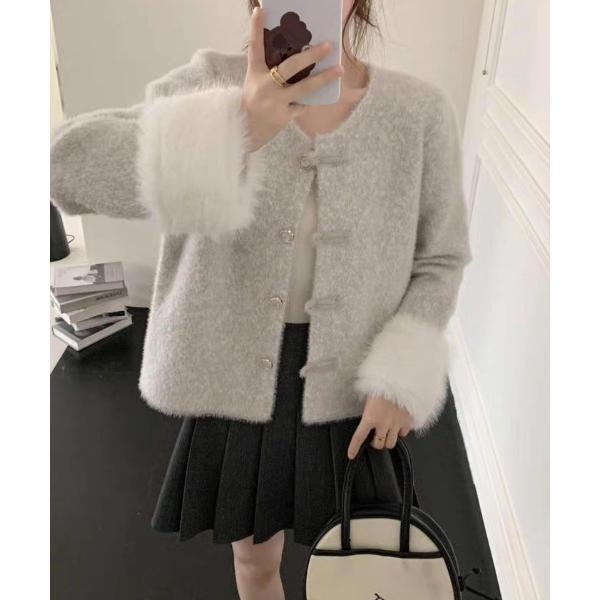 ジャケット ノーカラージャケット パールボタンファー袖モヘア風ジャケット レディース