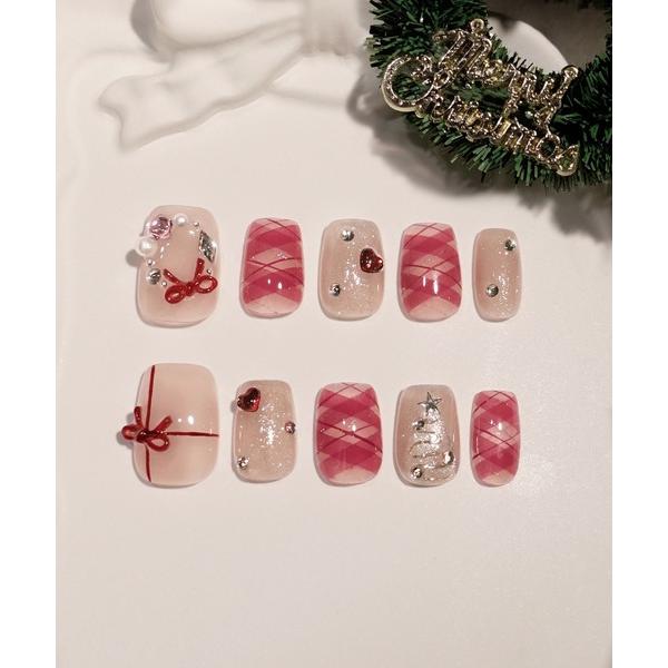 ネイルチップ ネイルシール 水光ネイルミルキーホワイトチェックミラークリスマスショートスクエアネイル...