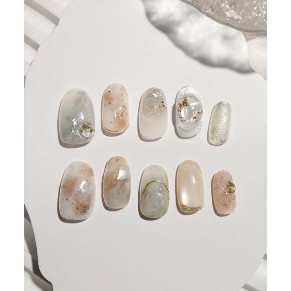ネイルチップ ネイルシール 水光ネイルブルーニュアンスシェルゴールドミラーラインオーバルネイルチップ