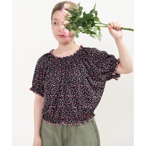 ブラウス シャツ 半袖 ポンチ small roseプリント パフスリーブブラウス レディース