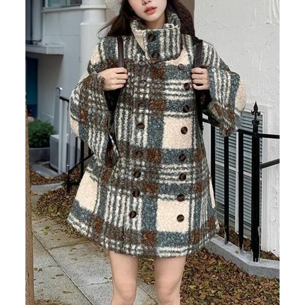 ピーコート pコート チェックぬくぬくダブルブレストコート レディース