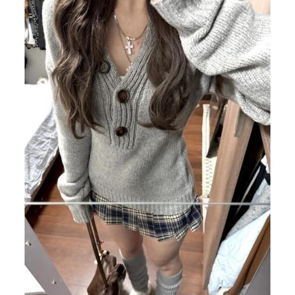 ニット セーター ダメージデザイン ビッグヘンリーネック ギャル ニット セーター レディース メン...