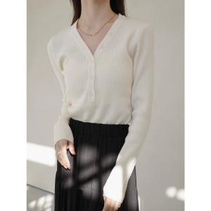 ニット セーター ボタンブイネックカーディガン / アイボリー レディース