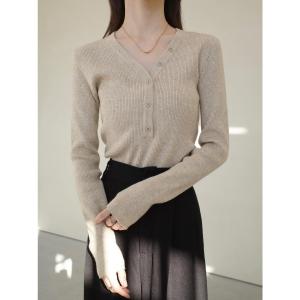 ニット セーター ボタンブイネックカーディガン / ベージュ レディース