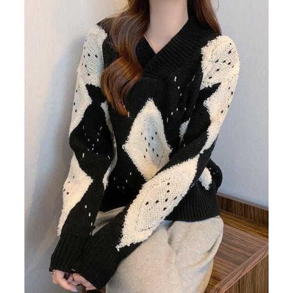 ニット セーター ふわもこアーガイル柄Vネック長袖ニット レディース