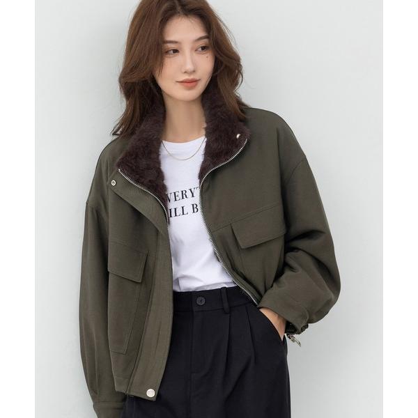 ブルゾン アウター 「2WAY/異素材MIX」首元まであったかファネルカラー。長袖ミリタリーボアブル...