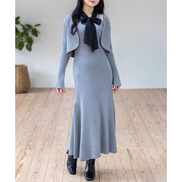 ワンピース ボウタイリボンニットワンピース＆ニットボレロセット「大人 フェミニン 上品」