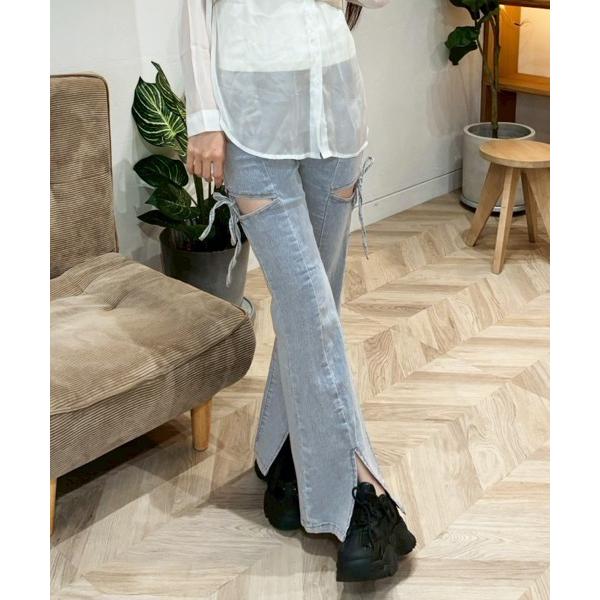 ジーンズ デニム デニムパンツ サイドリボンカットアウトハイウェストスリットデニムフレアパンツ レデ...